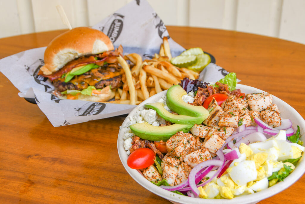 A burger and a salad from the Founder's Pub and Grub.