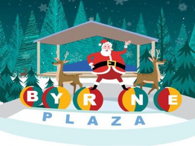 Graphic of holiday festivities at Byrne Plaza in The Wildwoods NJ with Santa and reigndeer in front of plaza