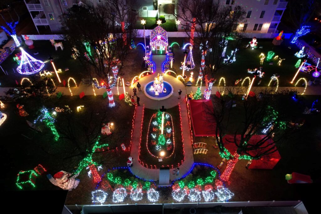 Aerial view of Holly Beach Winter Wonderland in The Wildwoods NJ during Christmas with lights lit up