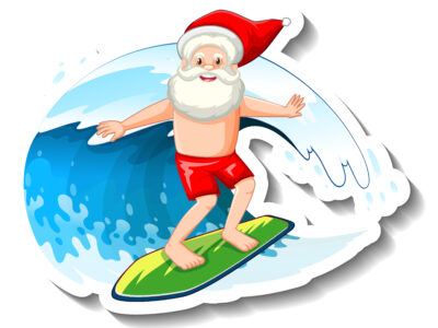 Summer Christmas with Santa surfing on water wave