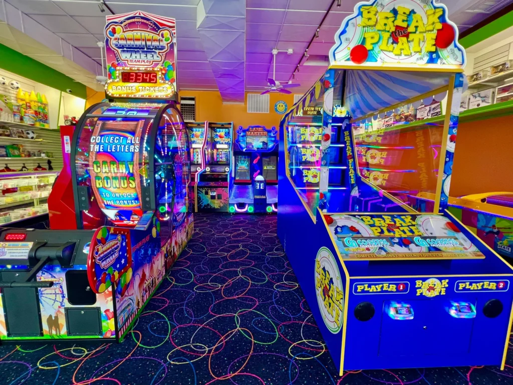 Colorful interior of Payboys Arcade