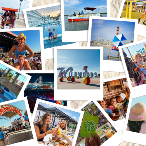 Collage of images of people enjoying different attractions in The Wildwoods